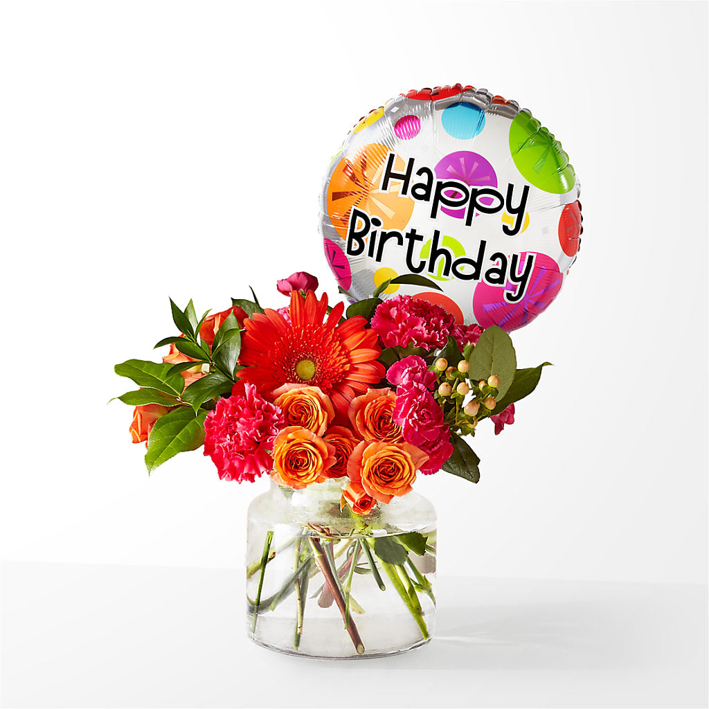 Fiesta Bouquet with Birthday Balloon – Forget-me-not Florist, Fort Recovery OH