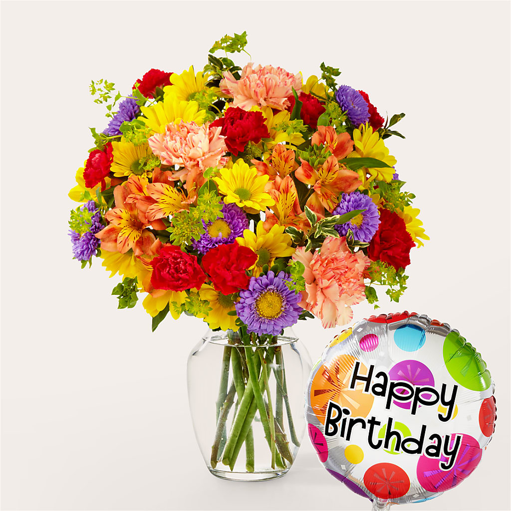 Kaleidoscope Bouquet with Birthday Balloon – Forget-me-not Florist, Fort Recovery OH