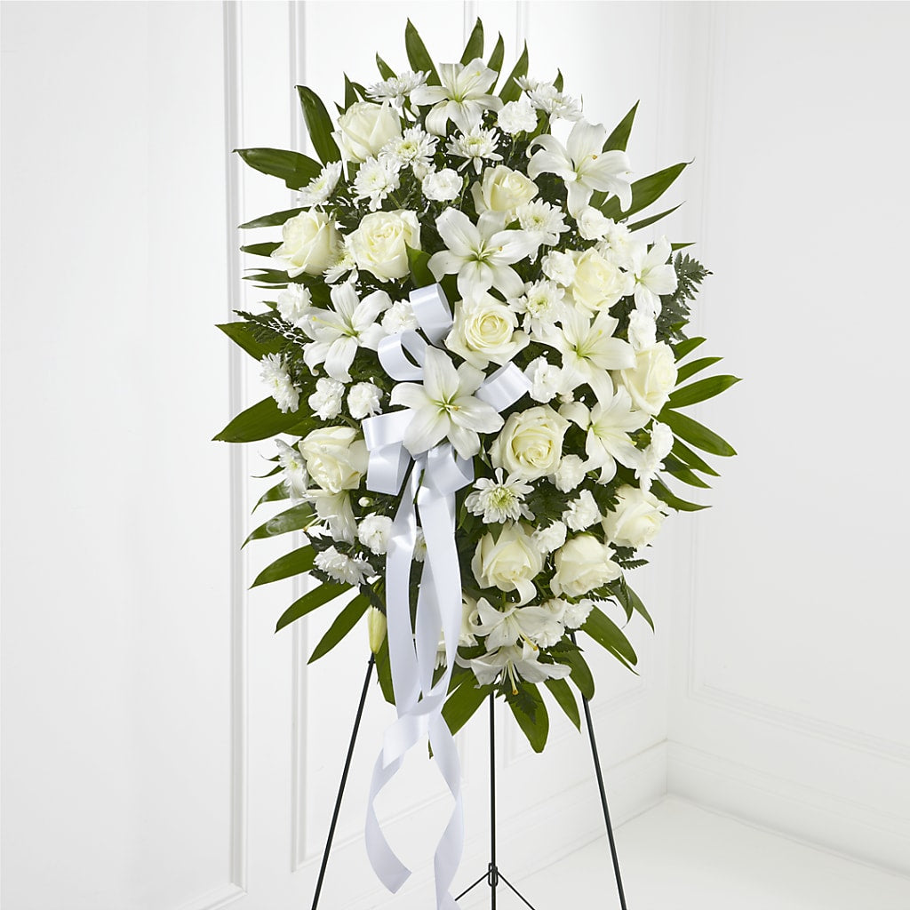 Exquisite Tribute Standing Spray-White Ribbon – Forget-me-not Florist, Fort Recovery OH