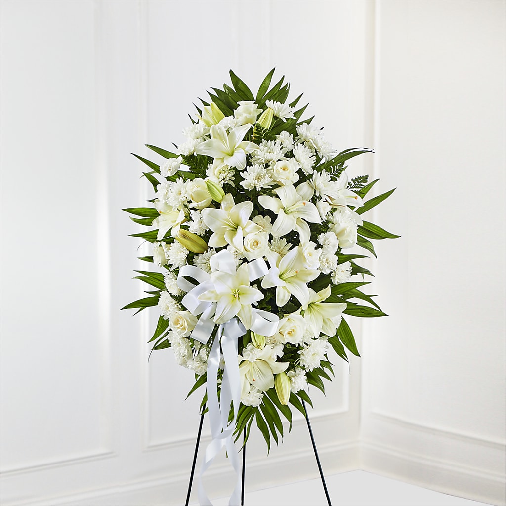Exquisite Tribute Standing Spray-White Ribbon – Forget-me-not Florist, Fort Recovery OH